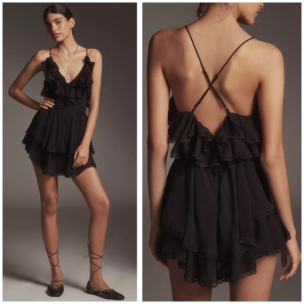Anthropologie Maeve Scoop-Neck Frilly Ruffled Romper Size Small Black Whimsigoth
